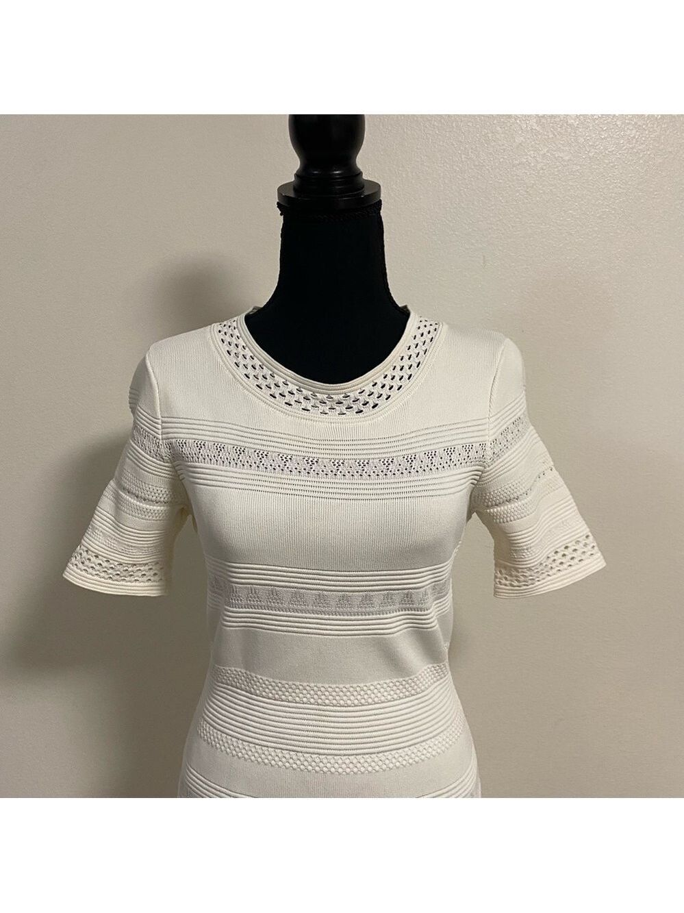 Eliza J Dress Women’s Size Medium Cream Pointelle Ruffle hem Dress fit & flare - Picture 7 of 16